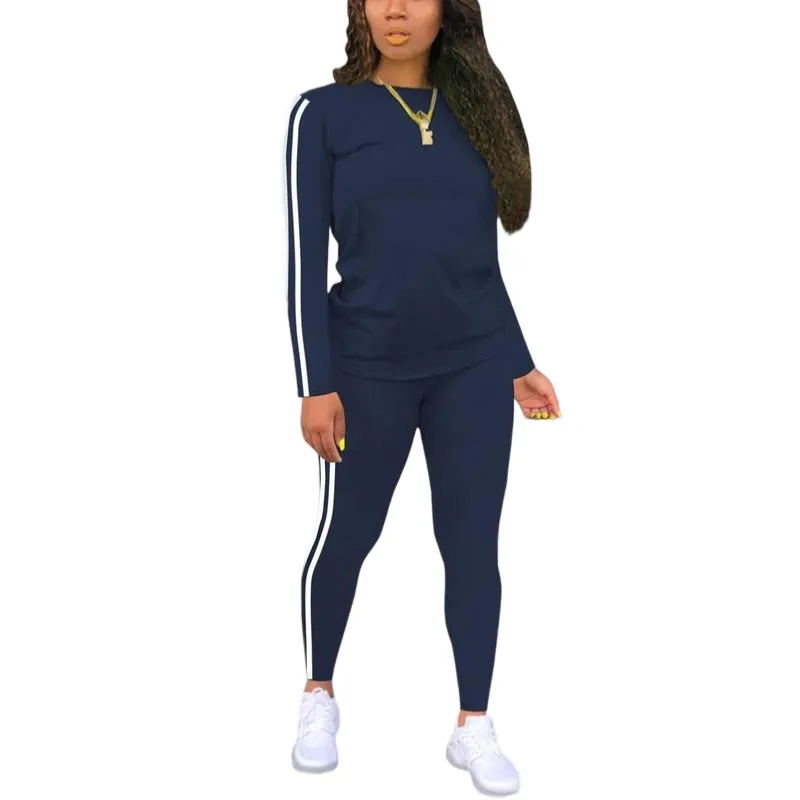 Women's Striped Print Long Sleeve Top & Pants Two-piece Set