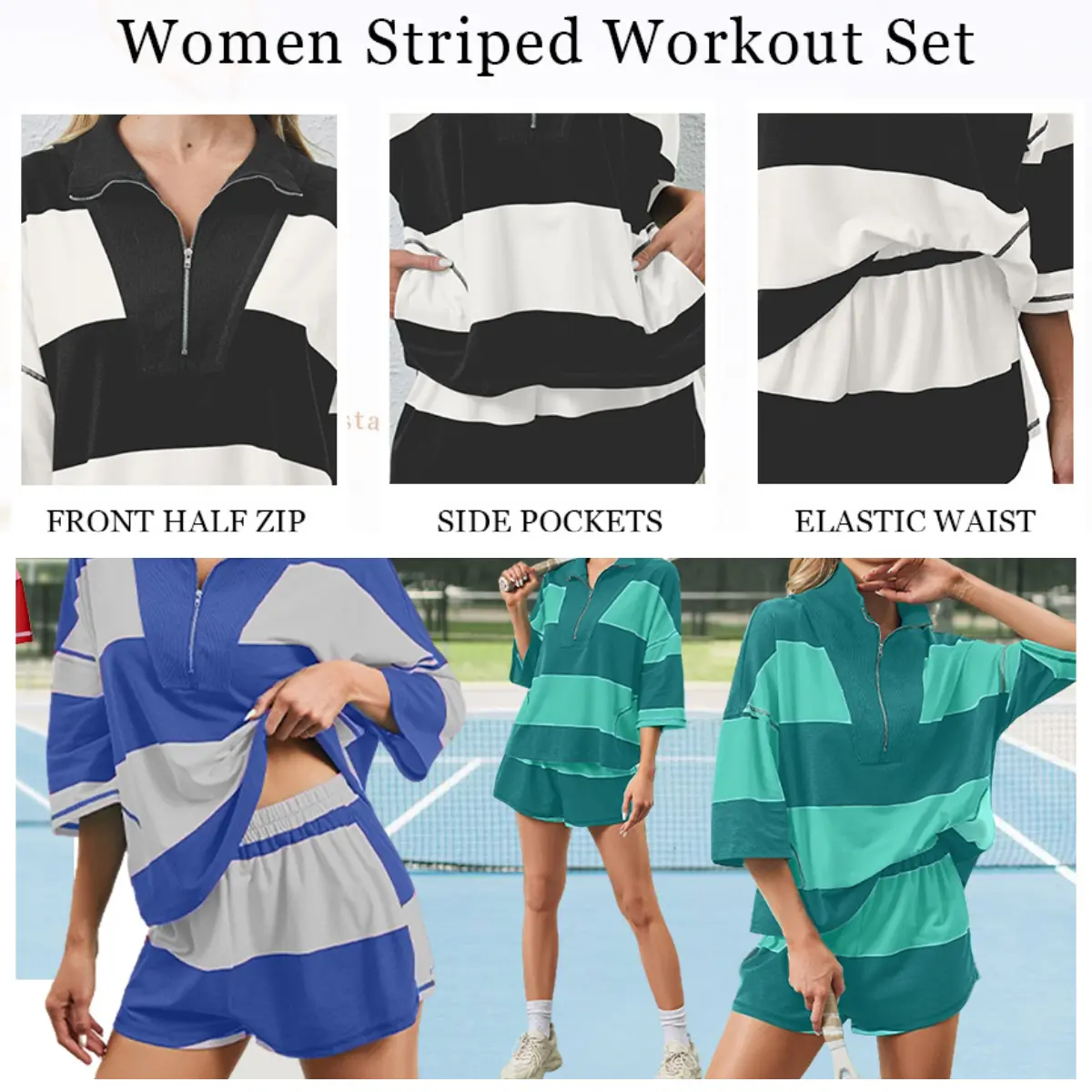 Women Striped Workout Set Two Piece Outfit Tracksuit Oversized Lounge Set Top and Shorts Sets with Pockets