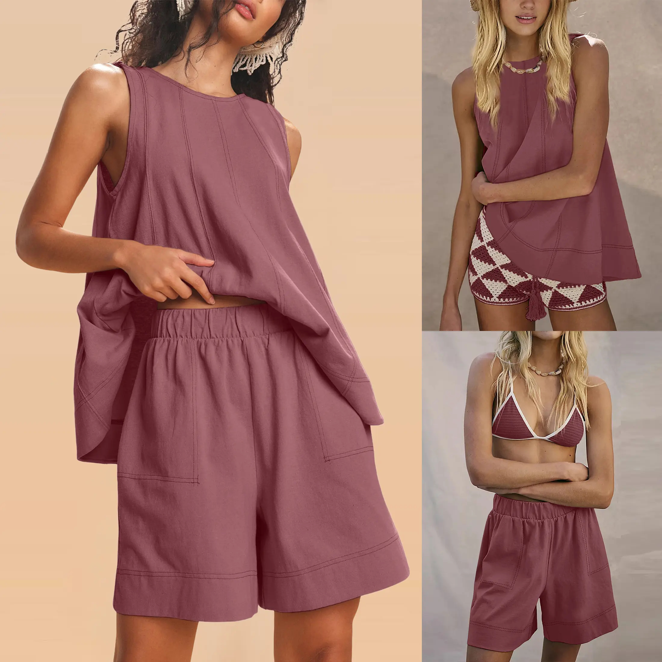 Women's Cotton Two Piece Outfit - A-Line Tank & High-Waist Shorts