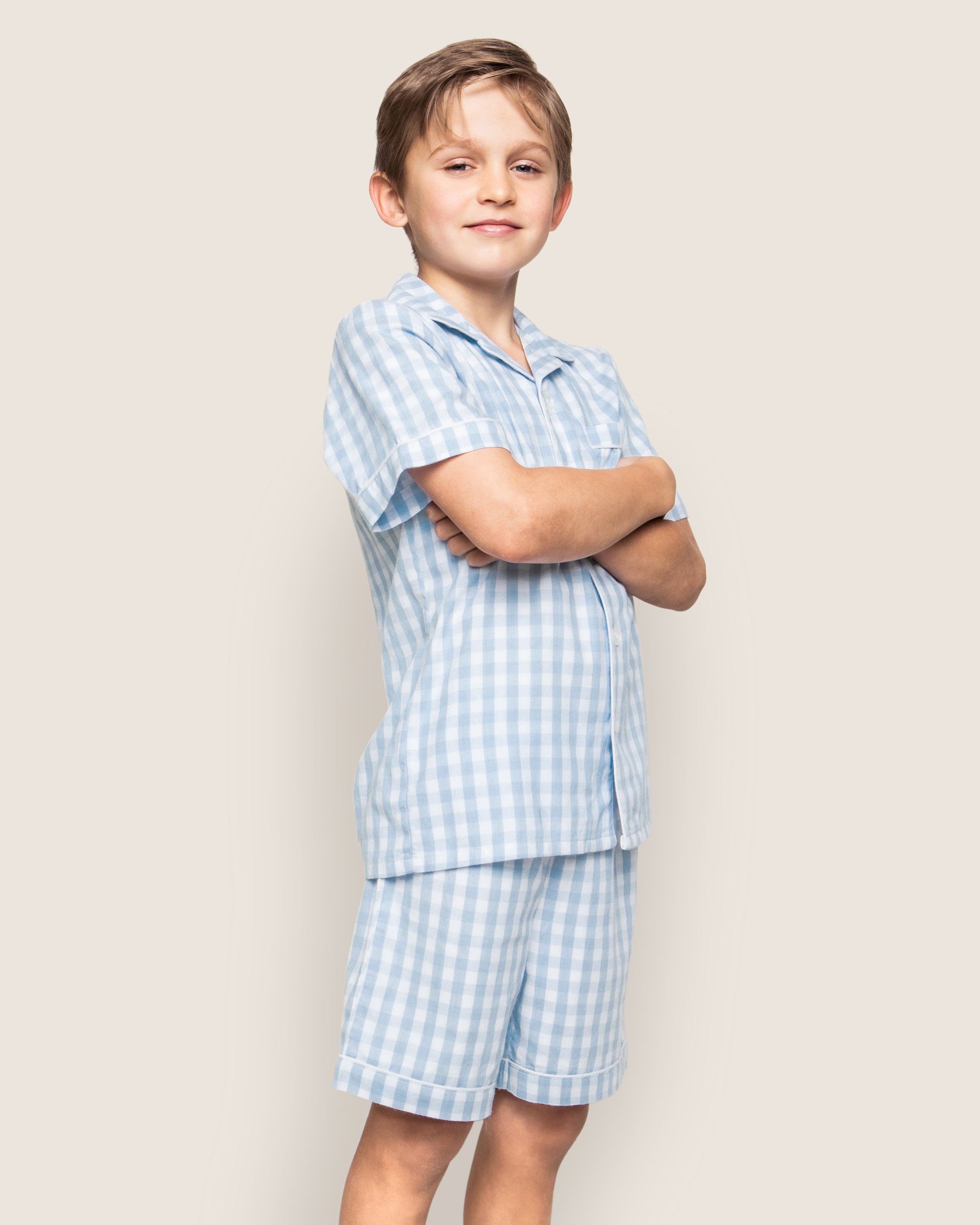 Kid's Twill Pajama Short Set in Light Blue Gingham