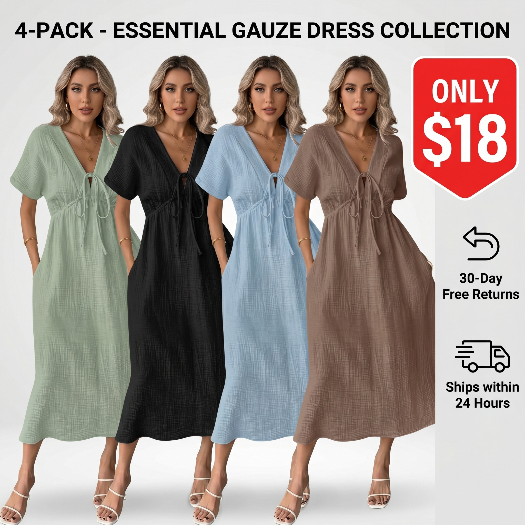 Women's Summer Solid-Color V-Neck Cotton Dress
