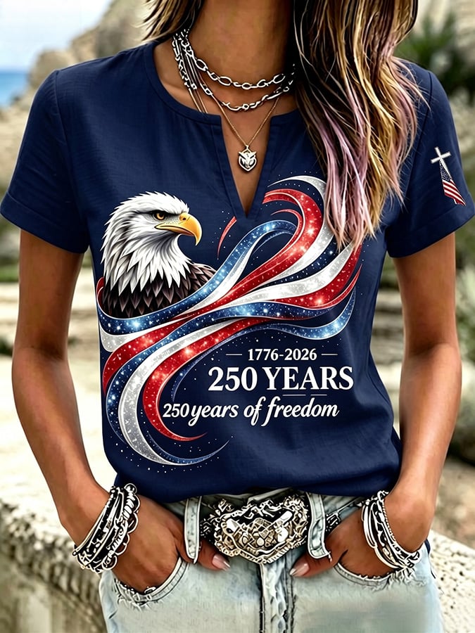 Women's Casual Short-Sleeve T-Shirt with USA 250th Anniversary Print