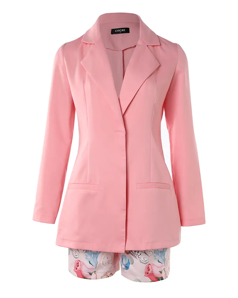 2026 Women's Long Sleeve Blazer & Floral Print Shorts Wedding Guest Set With Belt Wedding