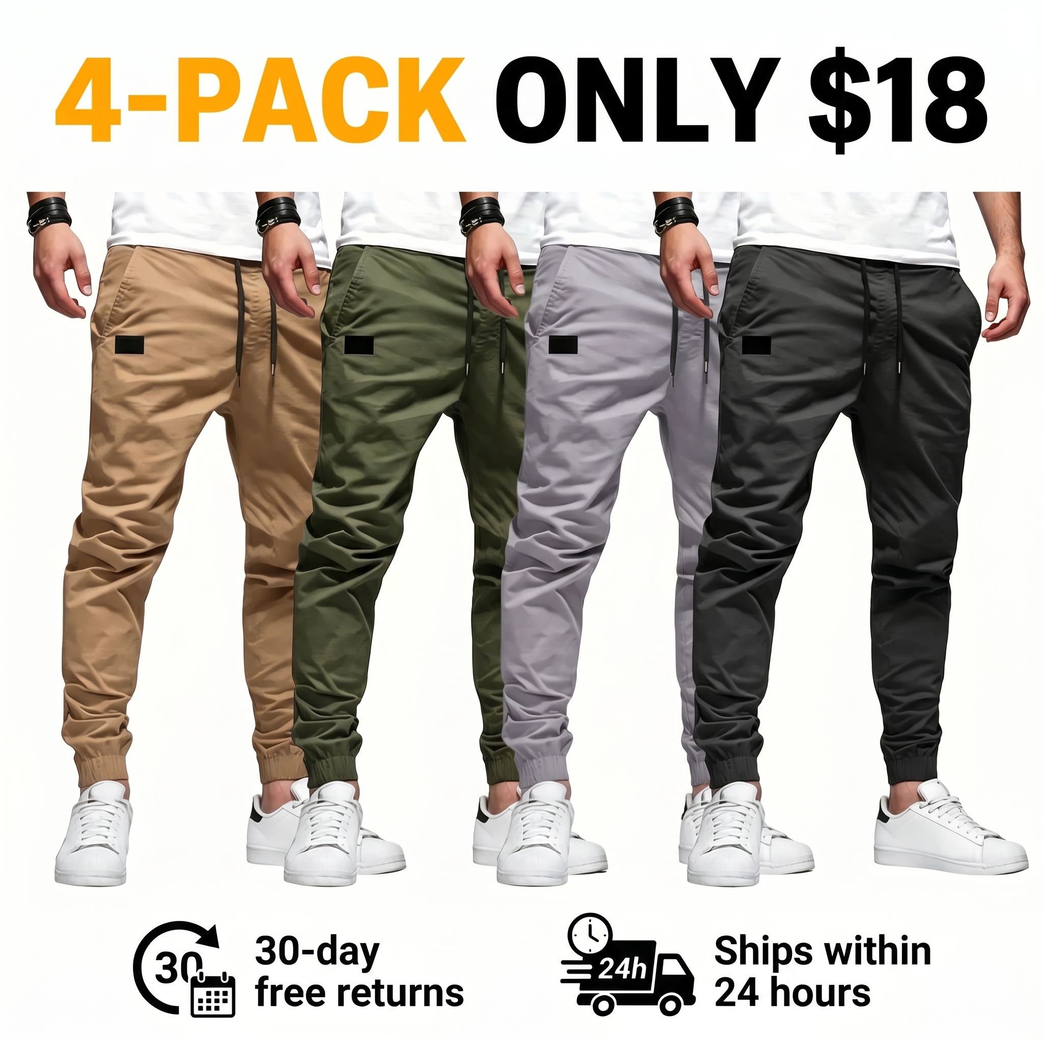 Men's Casual Joggers — Elastic Waistband with Drawstring, Ribbed Cuffs, PU Leather Patch Detail