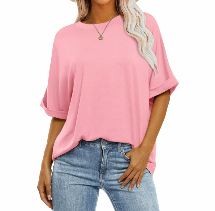 2025 Women's Oversized T-Shirt - Crewneck, Short Roll Sleeves, Relaxed Fit