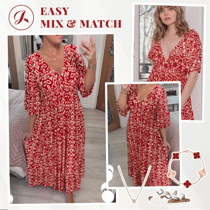 👗Bohemian casual print V-neck shirred waist long dress