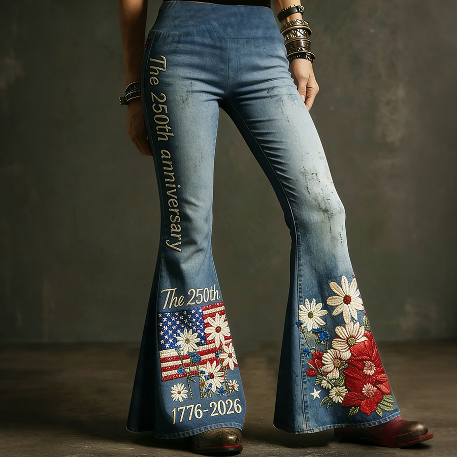 Ladies' Casual American Floral Denim Fabric Flared Pants