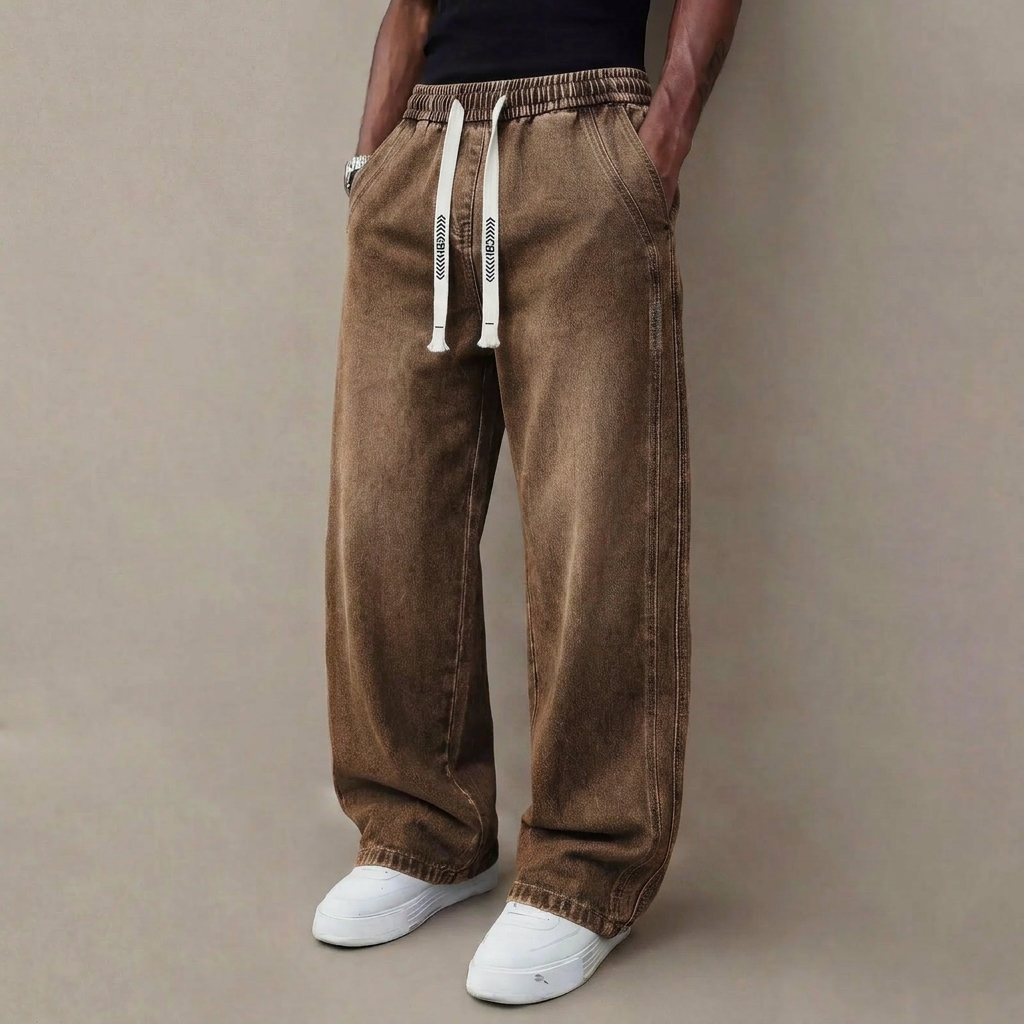 Men's Stretch Straight-Leg Denim Jeans – Vintage Wash Drawstring Casual Pants
