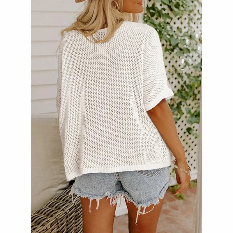 Women's Floral Crochet Sweater – Short Sleeve Lightweight Knit Beach Cover Up