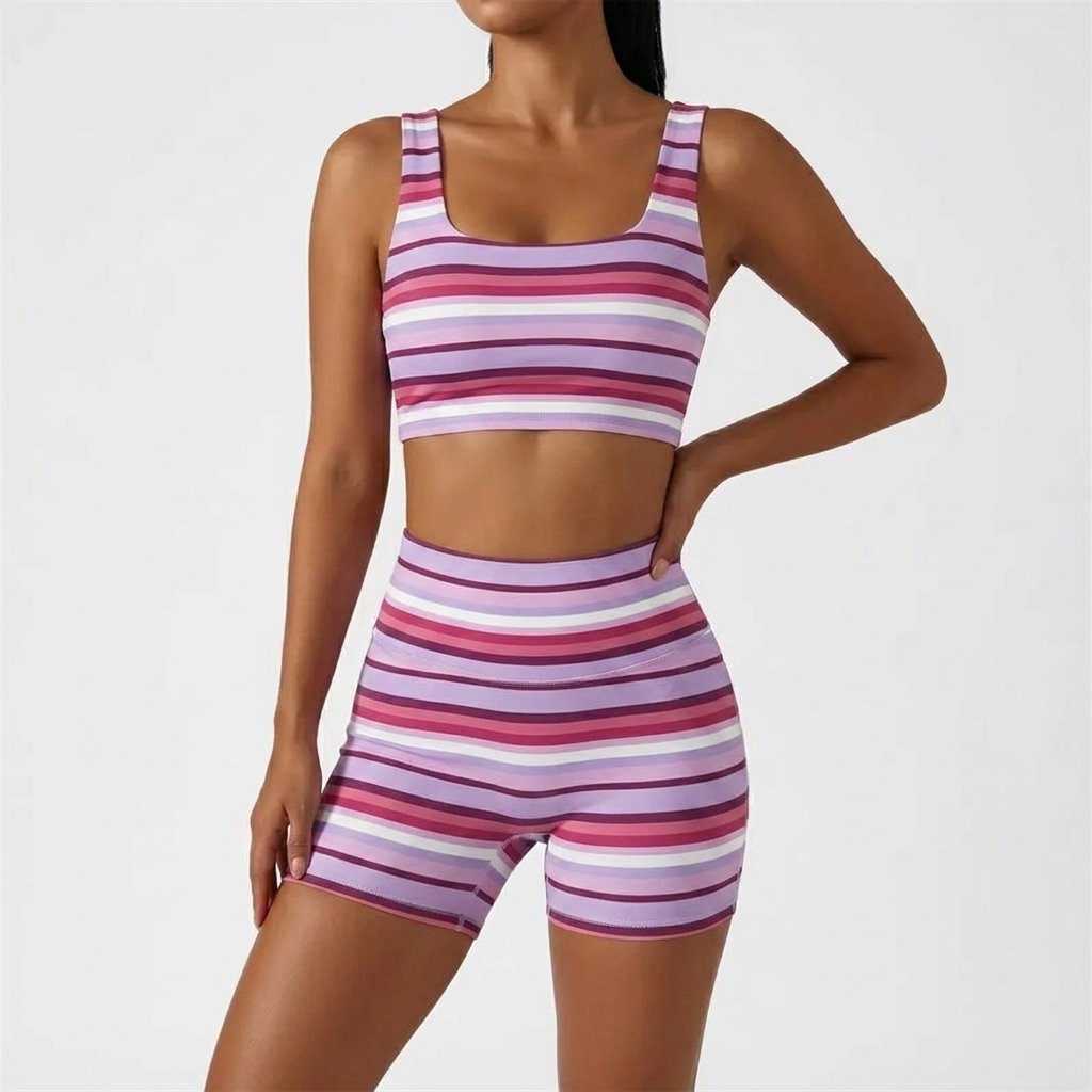 Women’s Rainbow Stripe 2 Piece Workout Set Sleeveless Crop Tank Top High Waist Biker Shorts Matching Lounge Outfit