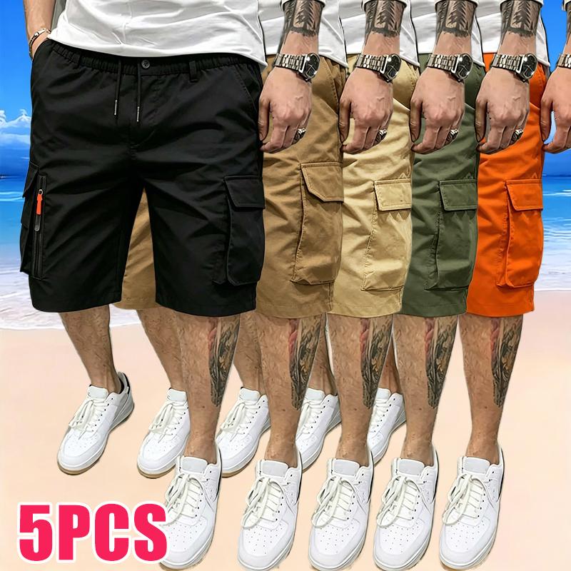 Men's Athletic-Casual Cargo Shorts — Multi-Pocket Design, Elastic Drawstring Waist, Decorative Faux Zipper