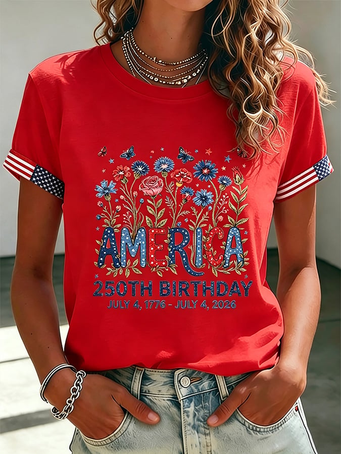 Women's 250 Years Of Freedom Flower Art Print  T-shirt