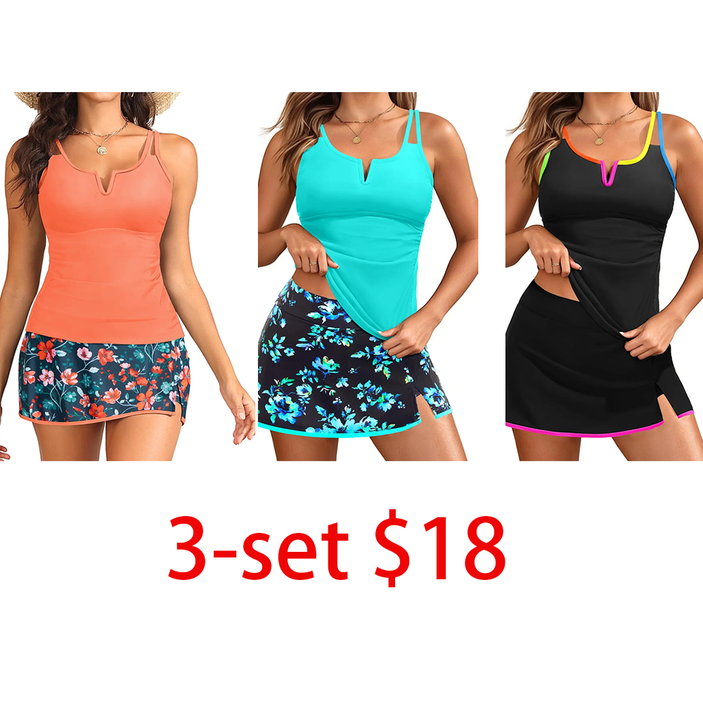 Women's Tankini Swimsuits with Skirt – Two Piece Bathing Suits with Pockets Tummy Control V-Wire Vacation Swimwear