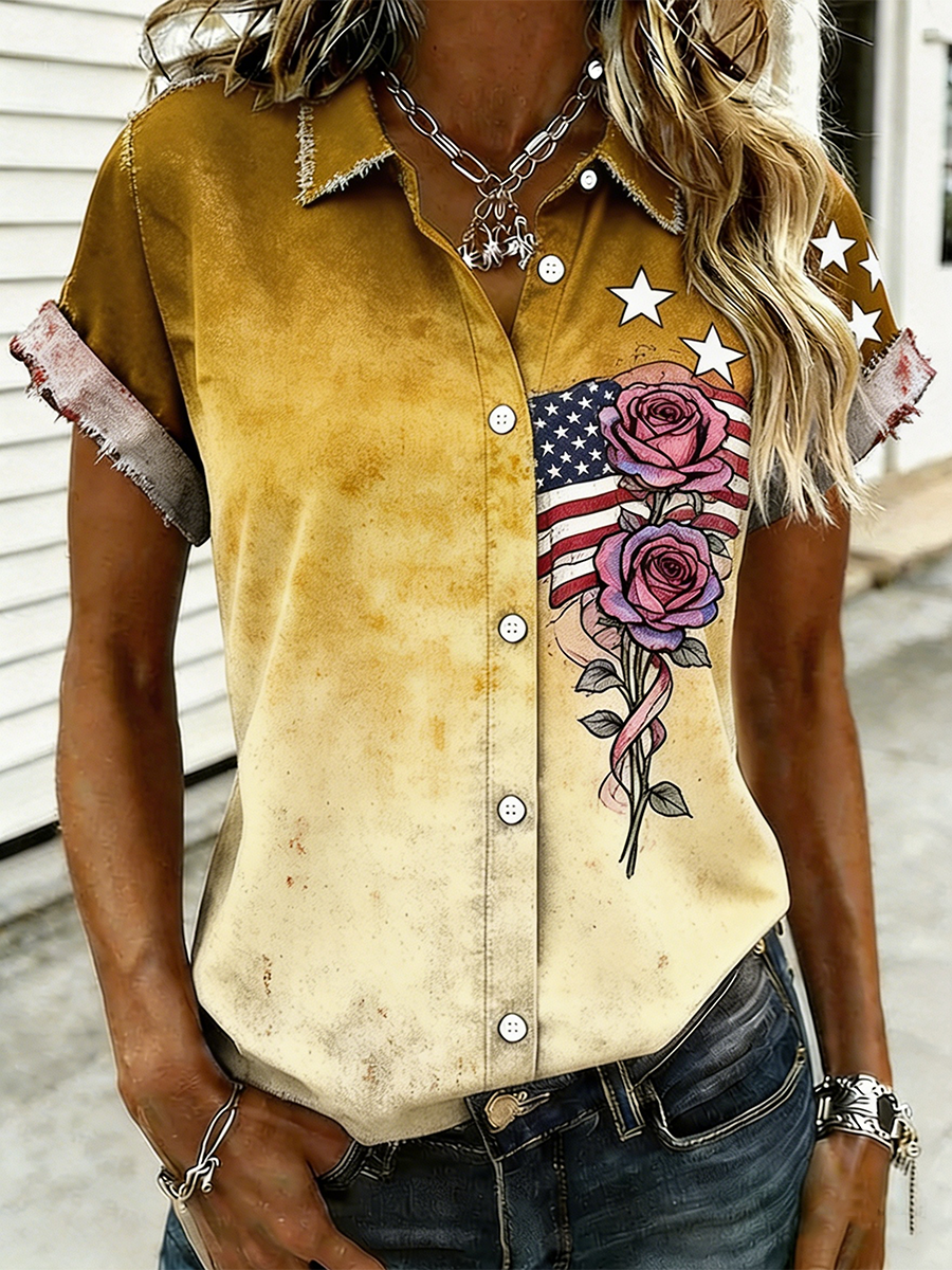 Women's Patriotic Vintage Gradient Rose & American Flag Frayed Denim Shirt