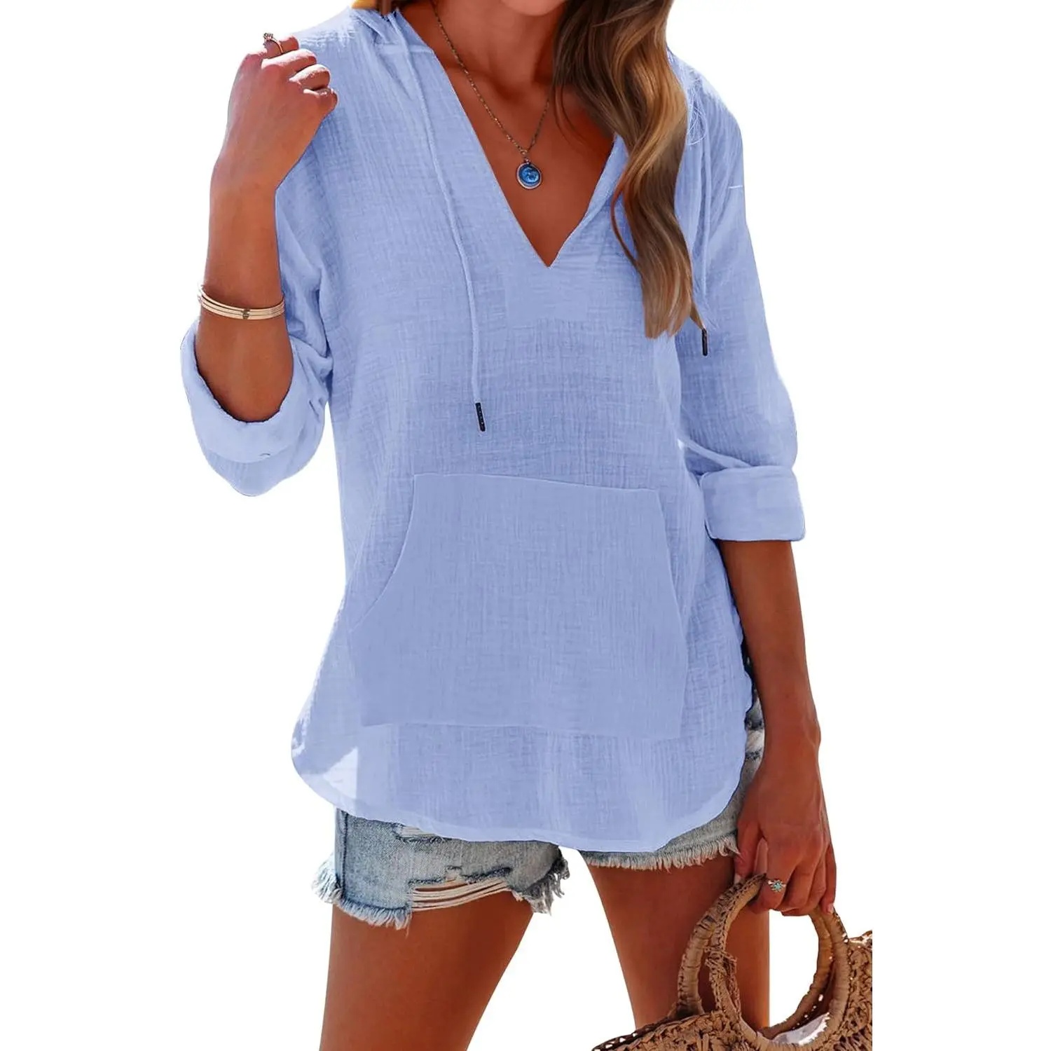 Women's Beach Cover Up hoodies sweatshirt Long Sleeve V Neck Pocketed Hooded Shirt Top