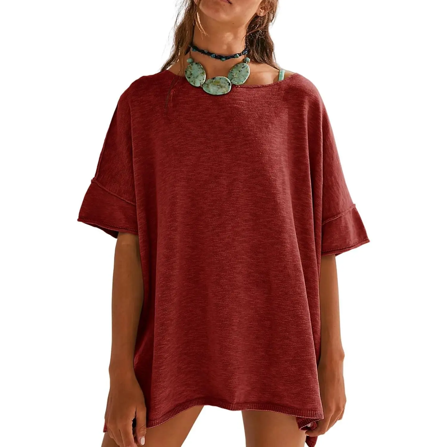 Women's Loose-Fit T-Shirt – Casual Summer Crew Neck Drop-Shoulder Short-Sleeve Top with Side-Slit Hem