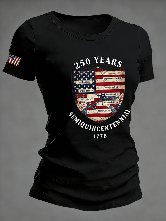 Women's 250 YEARS Semiquincentennial Shield Bible Verse Print T-Shirt
