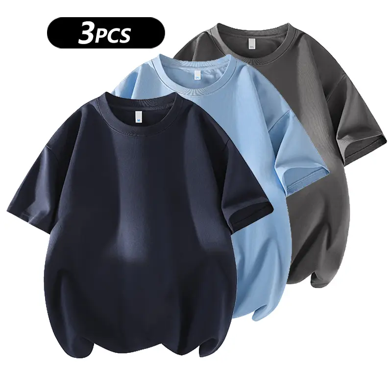 Men's 3PCS 100% cotton Crew Neck T-Shirts Set - Soft Loose Fit Navy Gray Black Tees for Casual Daily Wear