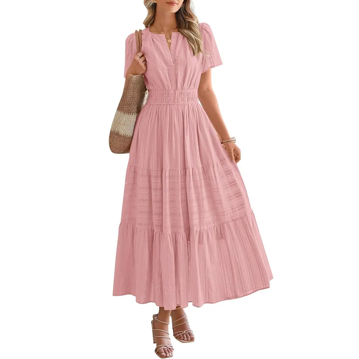 Women's Casual V-Neck Boho Maxi Dress with Pockets