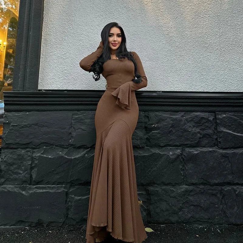 Women's Plain Lace Up Flounce Sleeve Dress