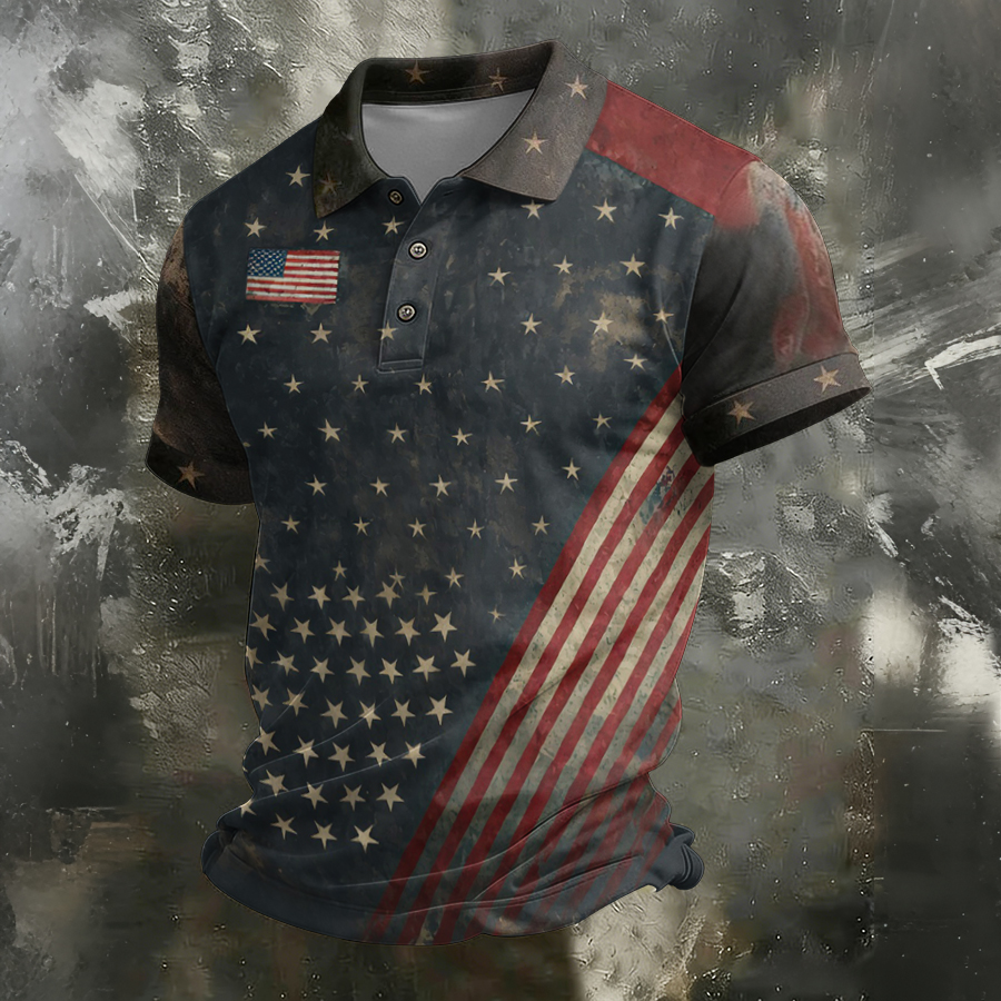 Men'S Independence Day Retro Casual Printed Polo Shirt Short Sleeve