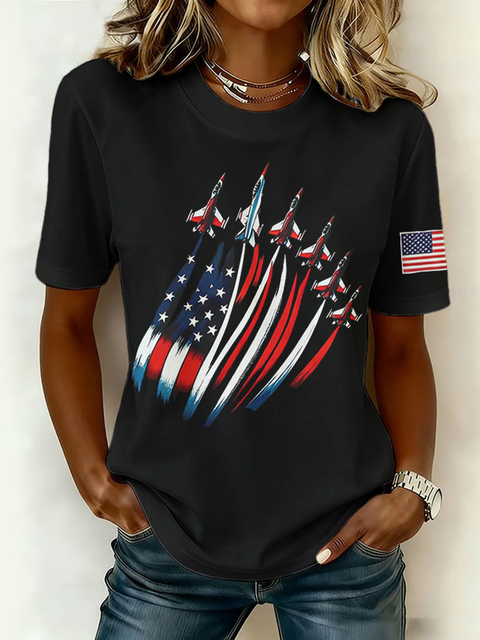 Women'S Retro American Independence Day Commemorative Printed Round Neck T-Shirt