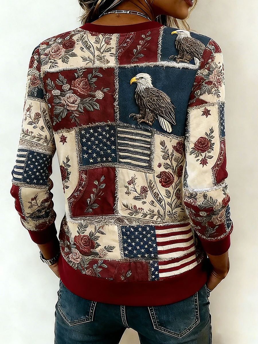 Retro Patchwork Flag Eagle Floral Print Top