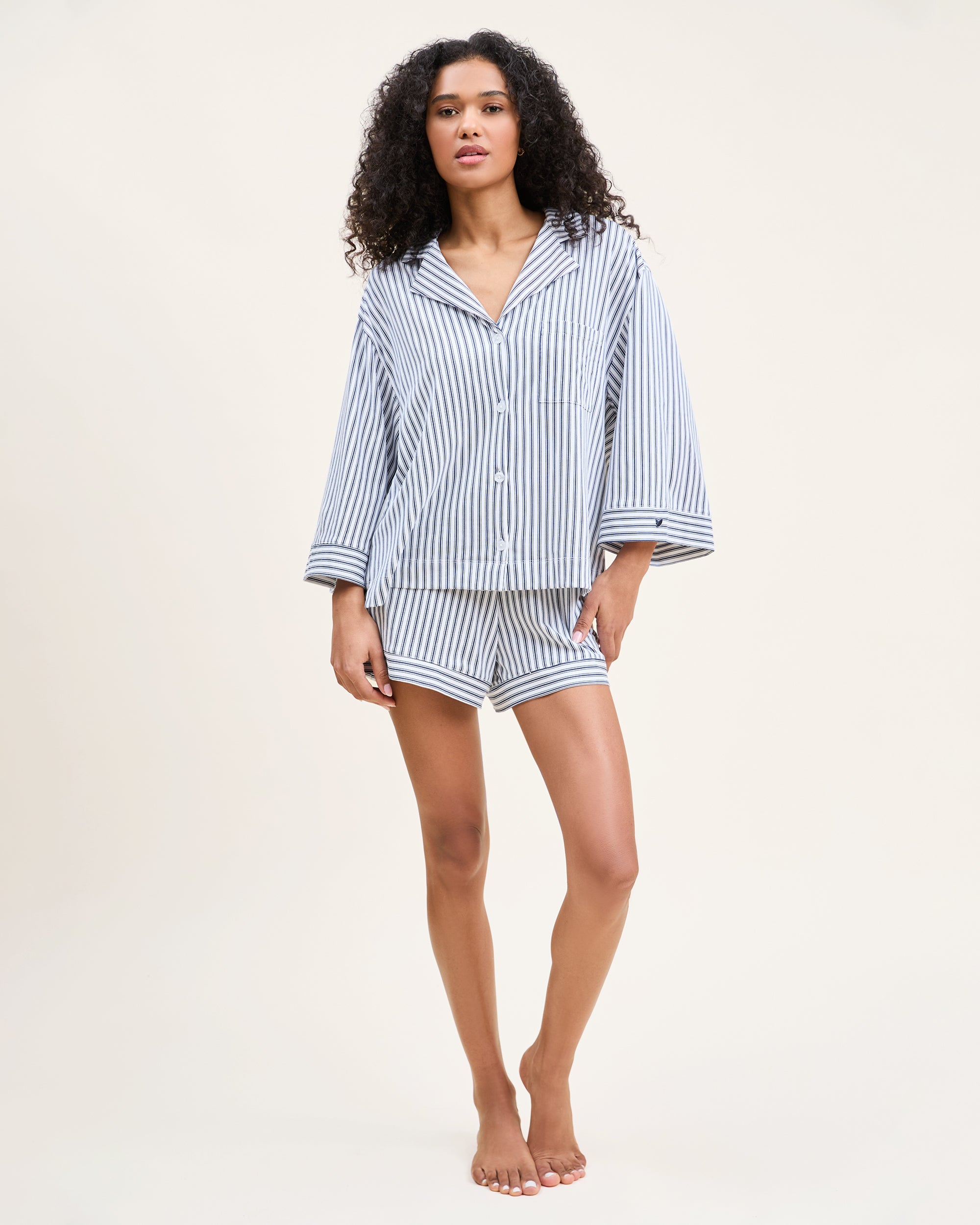 The Olivia Pima Short Set in Navy French Ticking