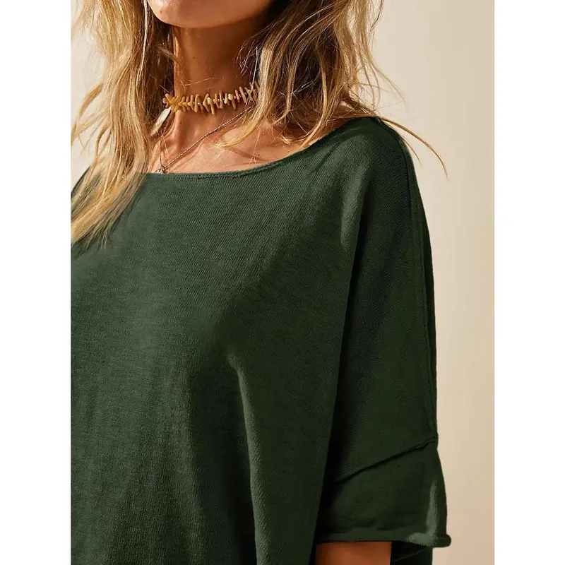 Women's Loose-Fit T-Shirt – Casual Summer Crew Neck Drop-Shoulder Short-Sleeve Top with Side-Slit Hem