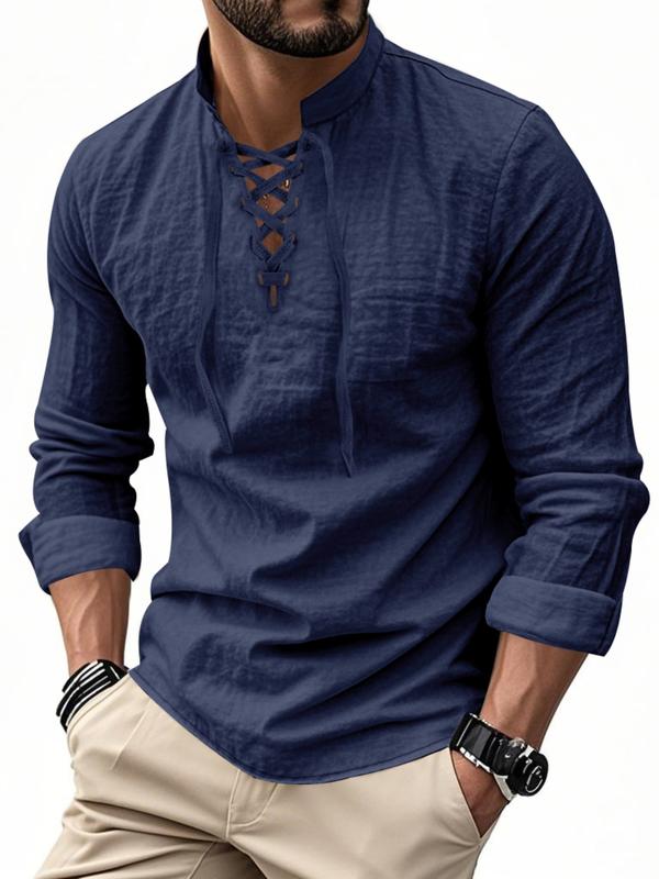 Men’s Lightweight Linen Long Sleeve Shirt with Drawstring Stand Collar