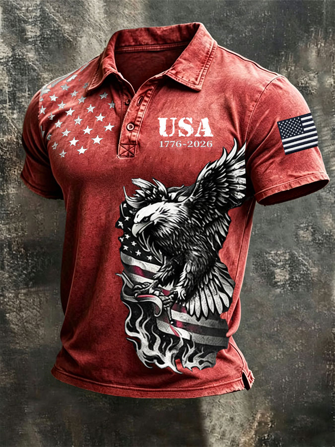 Men'S  American Flag Print Casual Polo Shirt