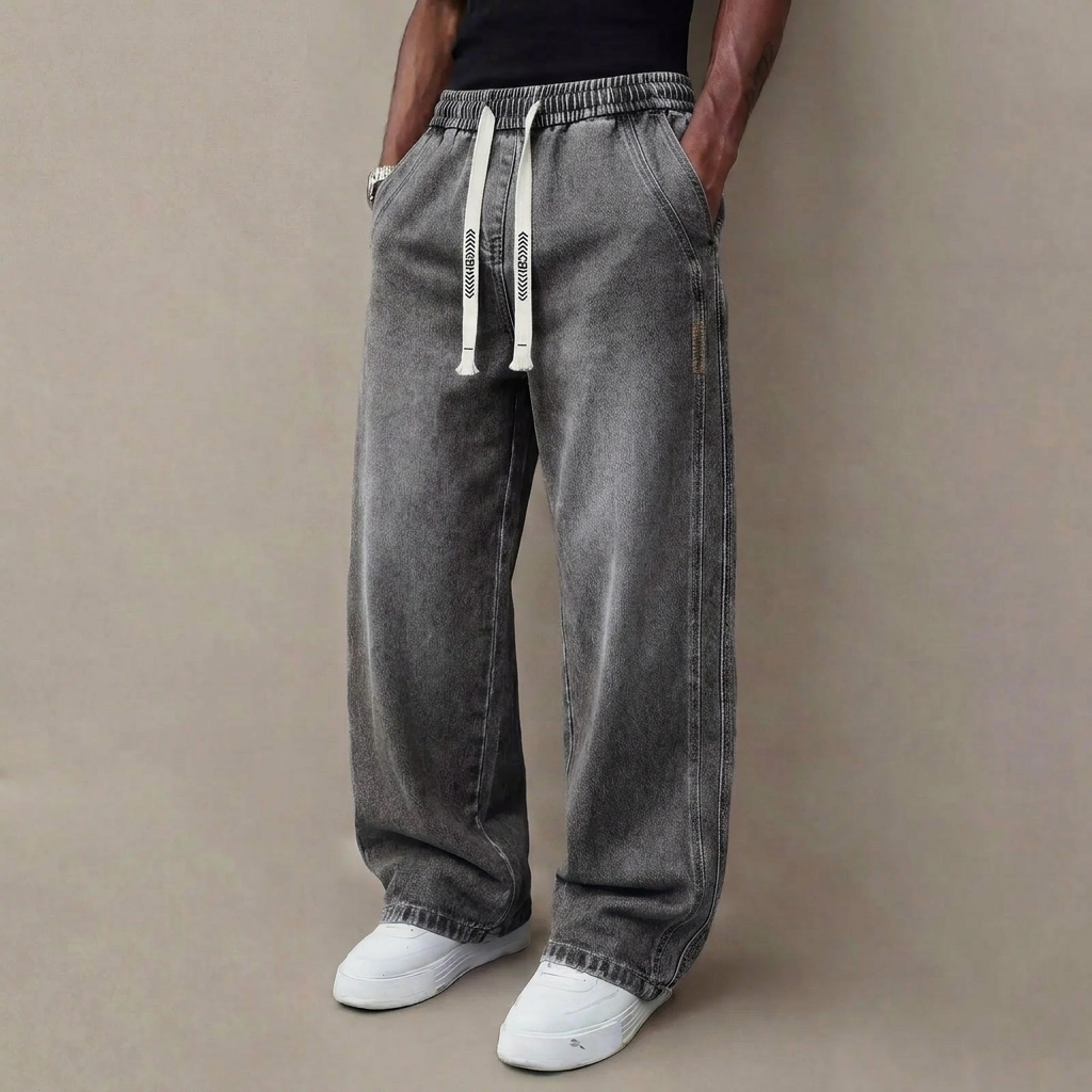 Men's Stretch Straight-Leg Denim Jeans – Vintage Wash Drawstring Casual Pants