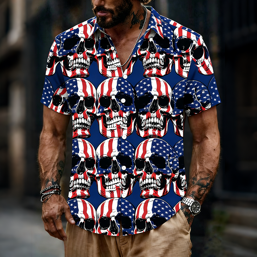 Men's American Flag Skull Full Print Short Sleeve Button Up Shirt