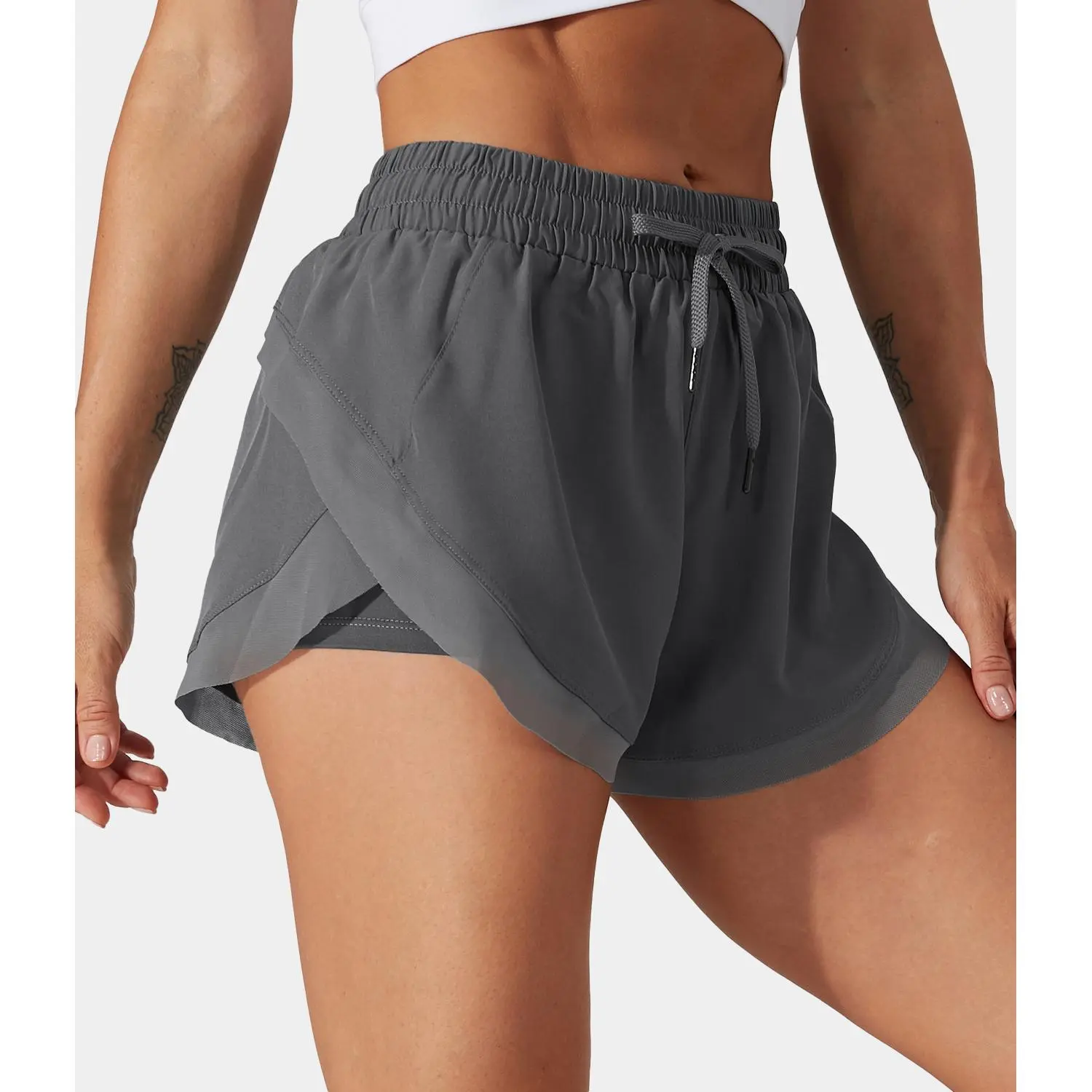 Drawstring Contrast Flowy Mesh Dolphin 2-in-1 Shorts