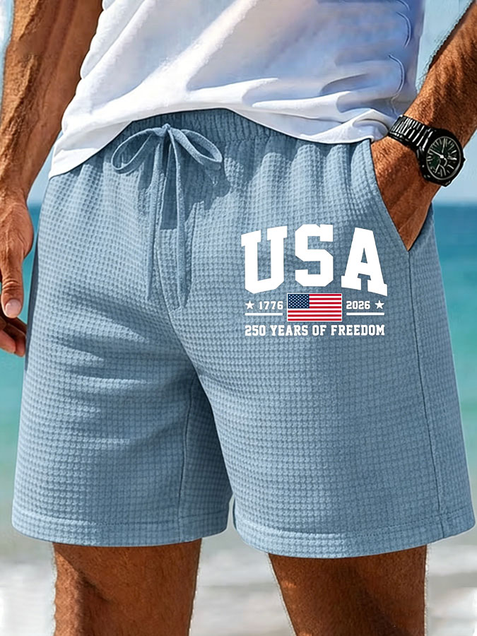 Men'S American Flag Printed Waffle Casual Shorts