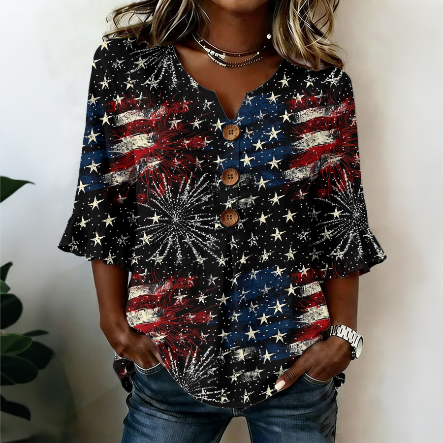 Women'S Independence Day Printed Cotton And Linen Top