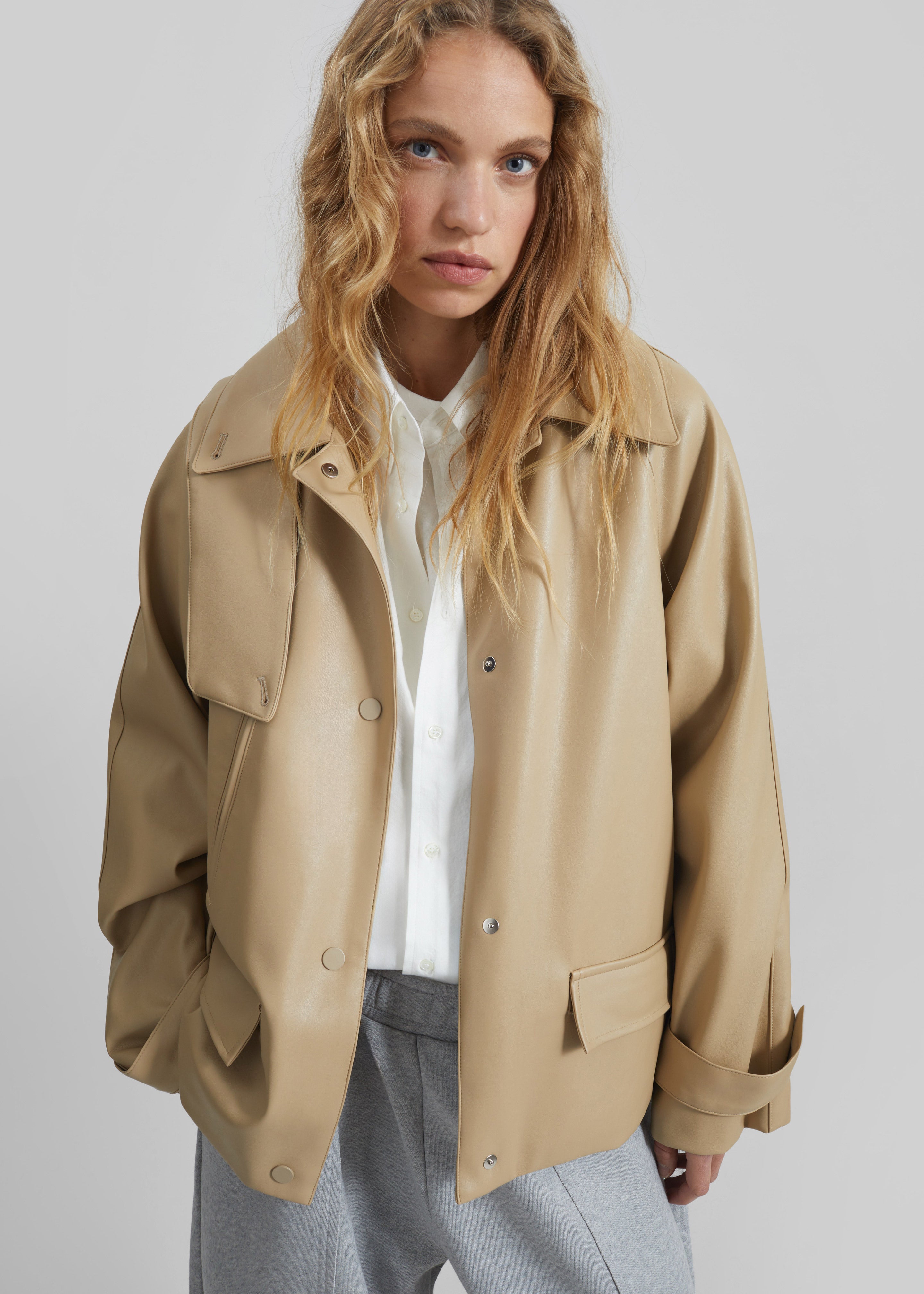 Viran Faux Leather Belted Jacket - Beige