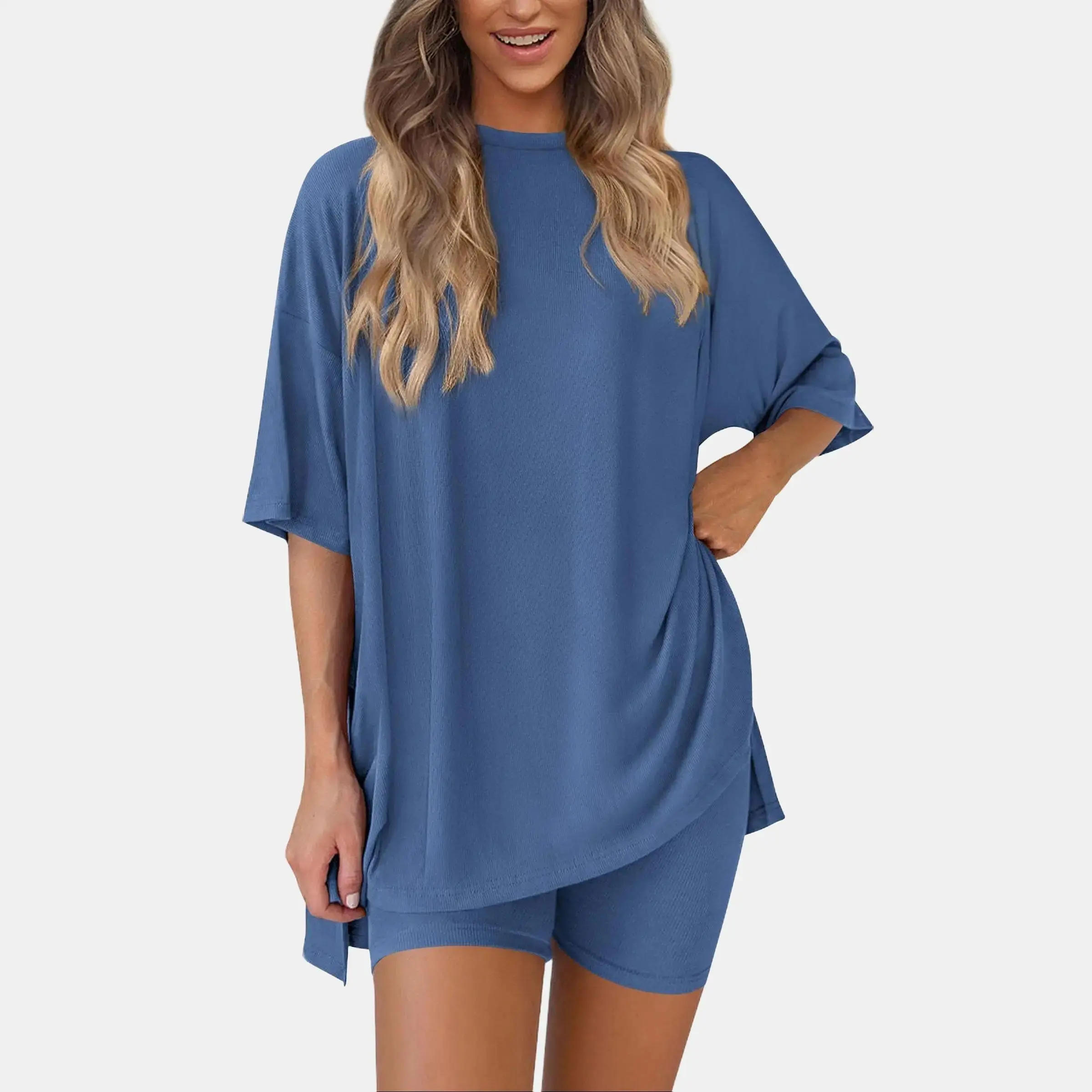 Two-Piece Set For Women Summer Casual Oversized Split Hem Shirts & Side Pocket Biker Shorts