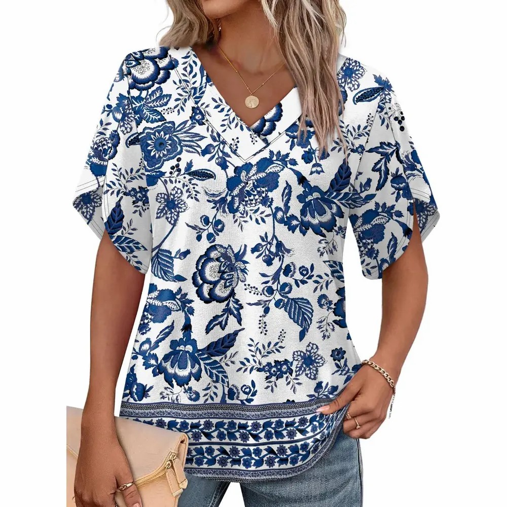 Womens Summer Tops Short Petal Sleeve Shirts Fashion V Neck Outfits Clothes Blouse Casual