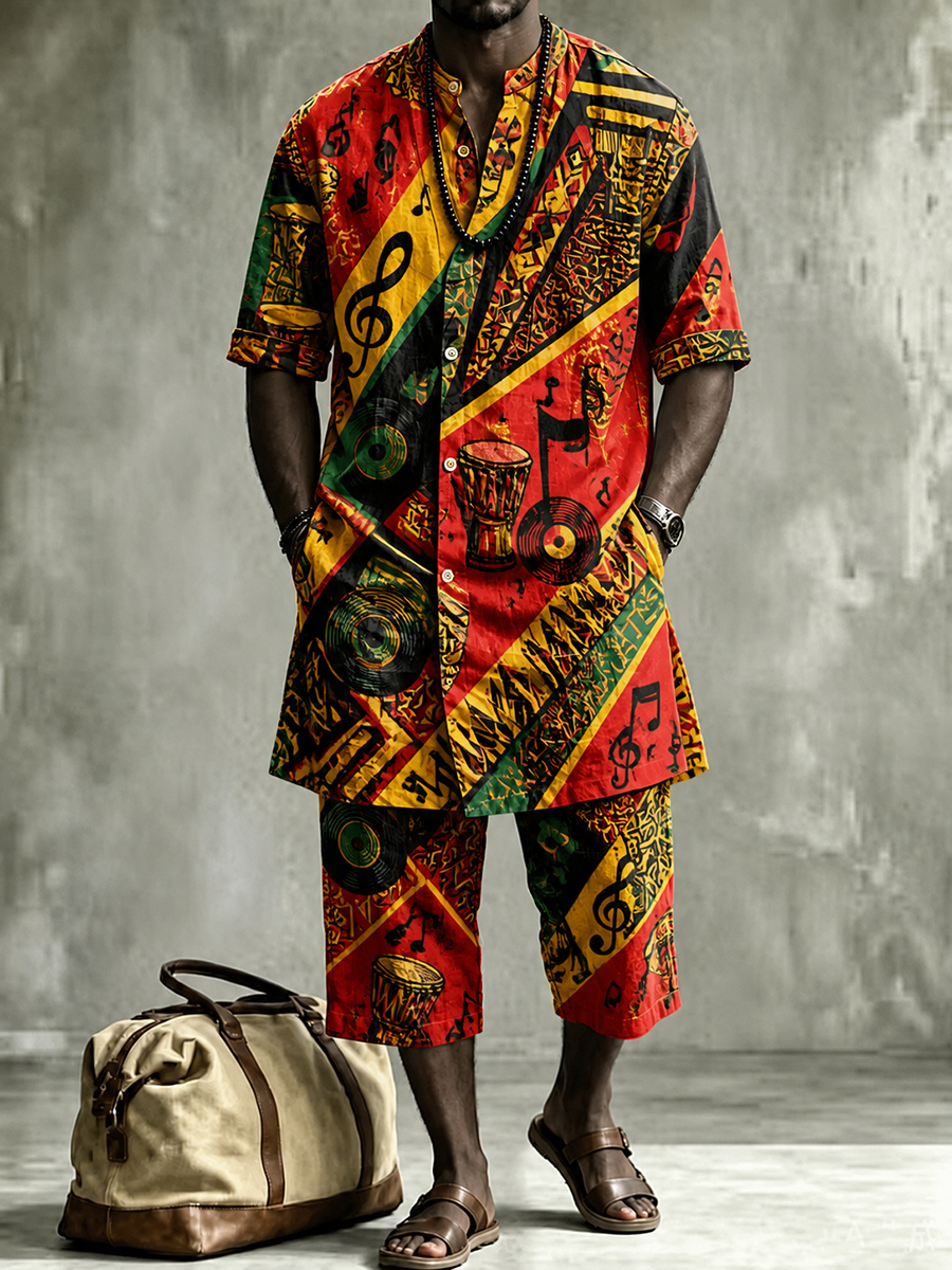 Men's Loose-Fit Summer Set with Retro Jazz Print and African-Inspired Style