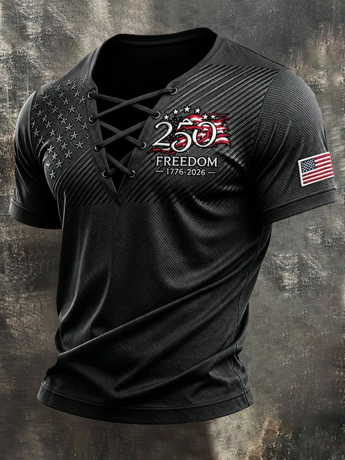 Men's Retro Independence Day Patriotic Cross-Strap V-Neck Short-Sleeve T-Shirt