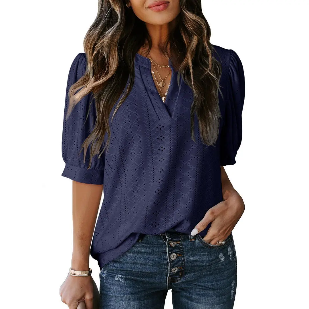 Women's Summer Business Casual Blouses V Neck Short Sleeve Shirts Hollow Out Cute Lace Tops Loose Fit Breathable Fabric