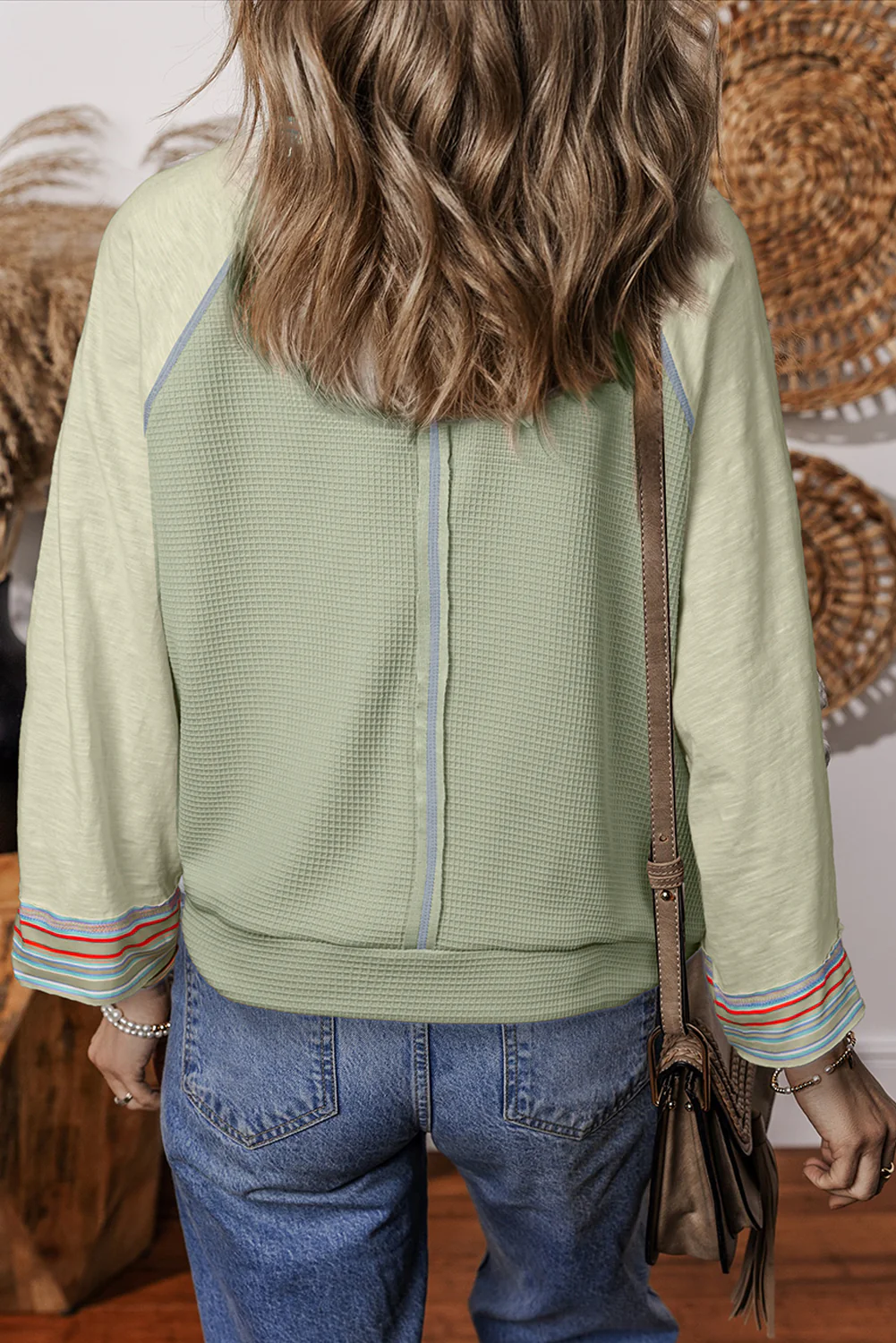 Meadow Mist Waffle Knit Wide Bracelet Sleeve Patchwork Raglan Top