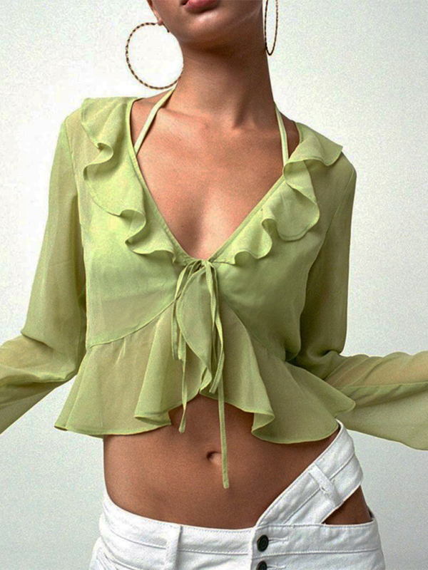 New Style Ruffled Lace-Up Deep V-Neck Long-Sleeved Transparent Top