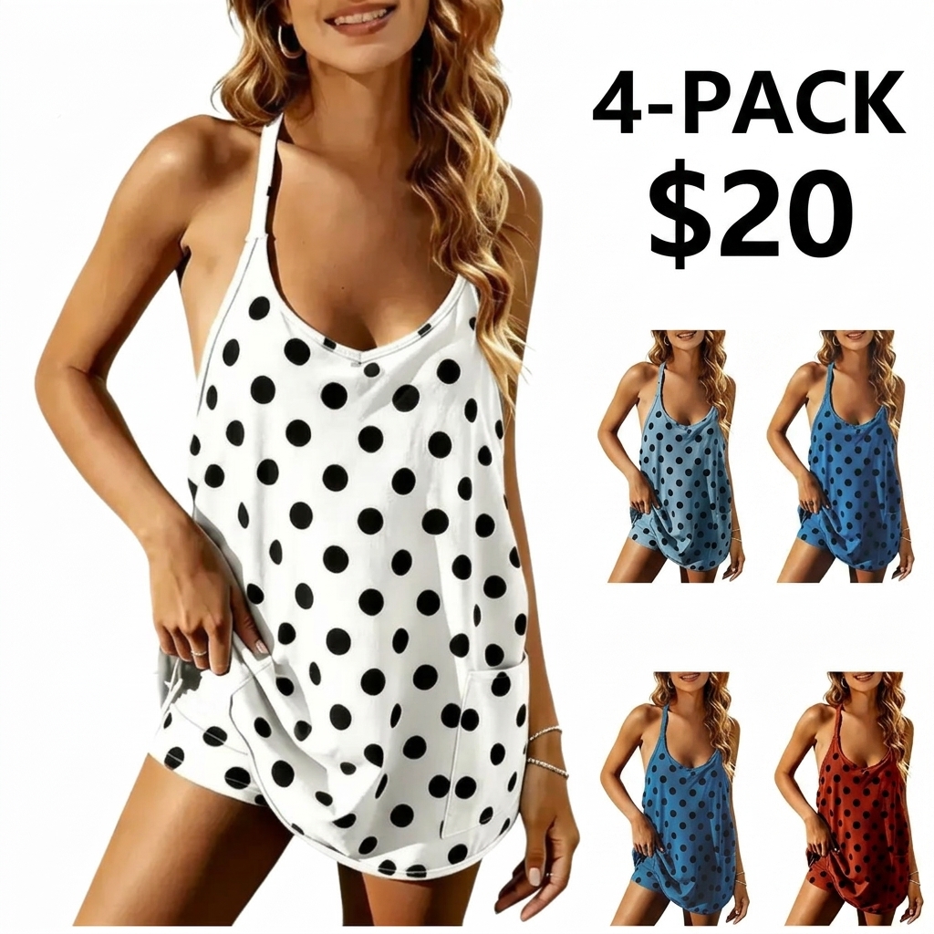 Women's Summer Polka Dot Tennis Dress Sleeveless Spaghetti Straps V Neck Mini Dress with Built-in Shorts Casual Athletic Dress with Pockets