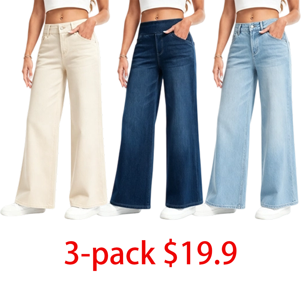 Women's Wide Leg Stretchy Jeans – Elastic High Waist Pull On Baggy Tummy Control Trousers for Casual Work Wear