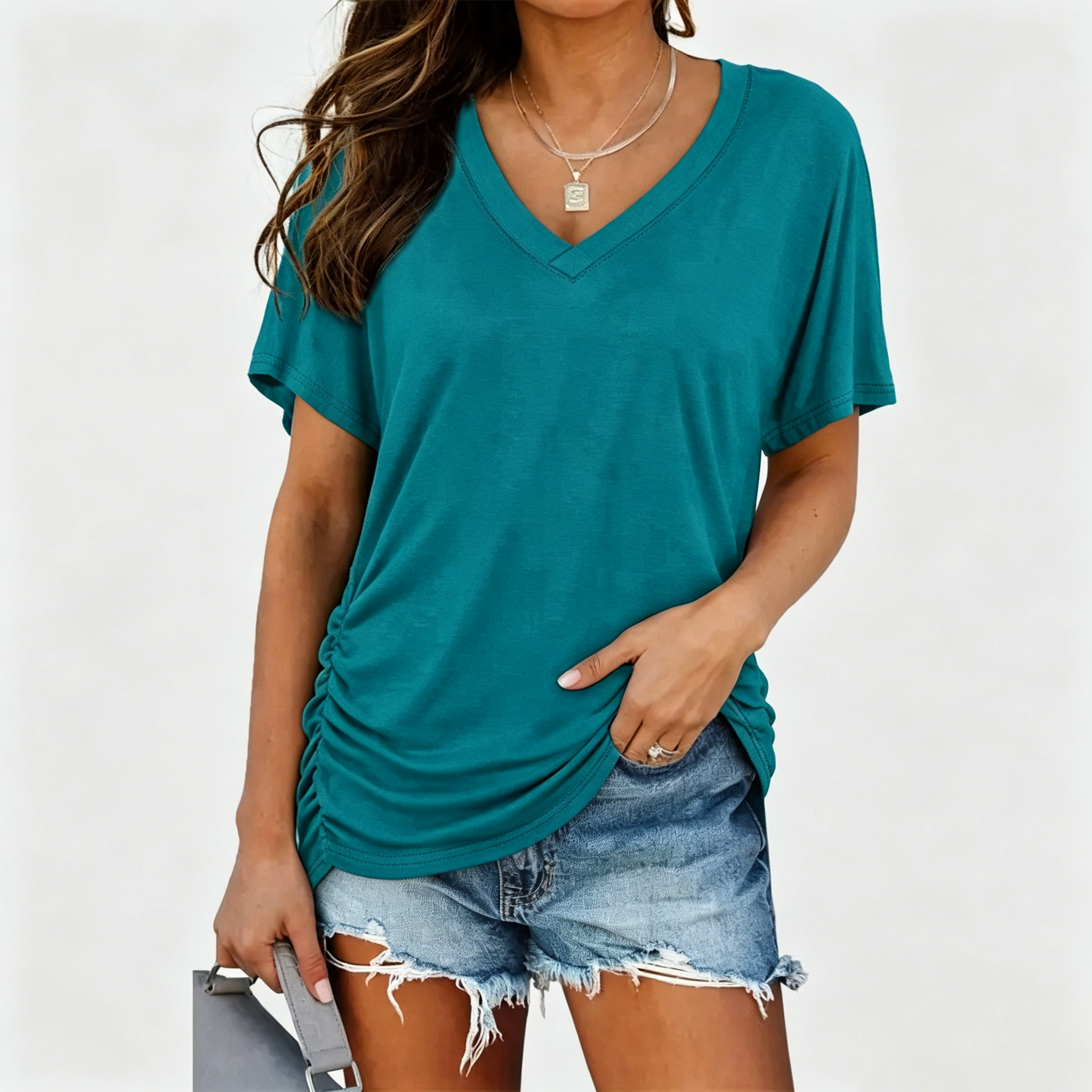 Womens Short Sleeve V Neck Dolman Tops with Side Shirring Loose Fit Shirts