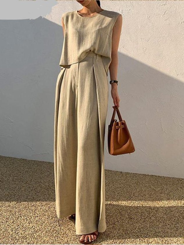 Crew Neck Plain Street Regular Fit Two-Piece Set