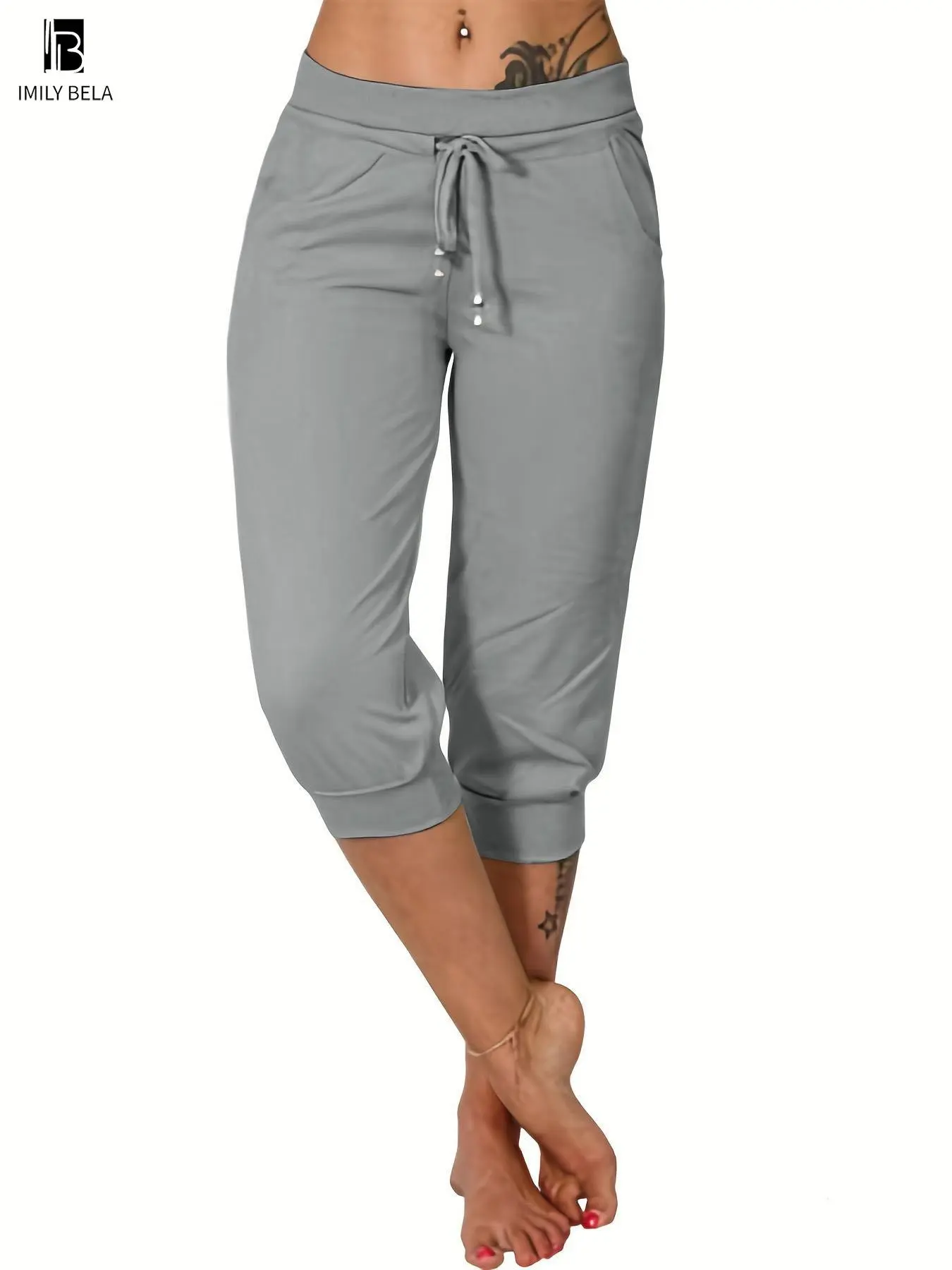 Women's Plain Drawstring Waist Capris Pants, Casual Pocket Trousers for Daily Wear, Ladies Bottoms for All Seasons
