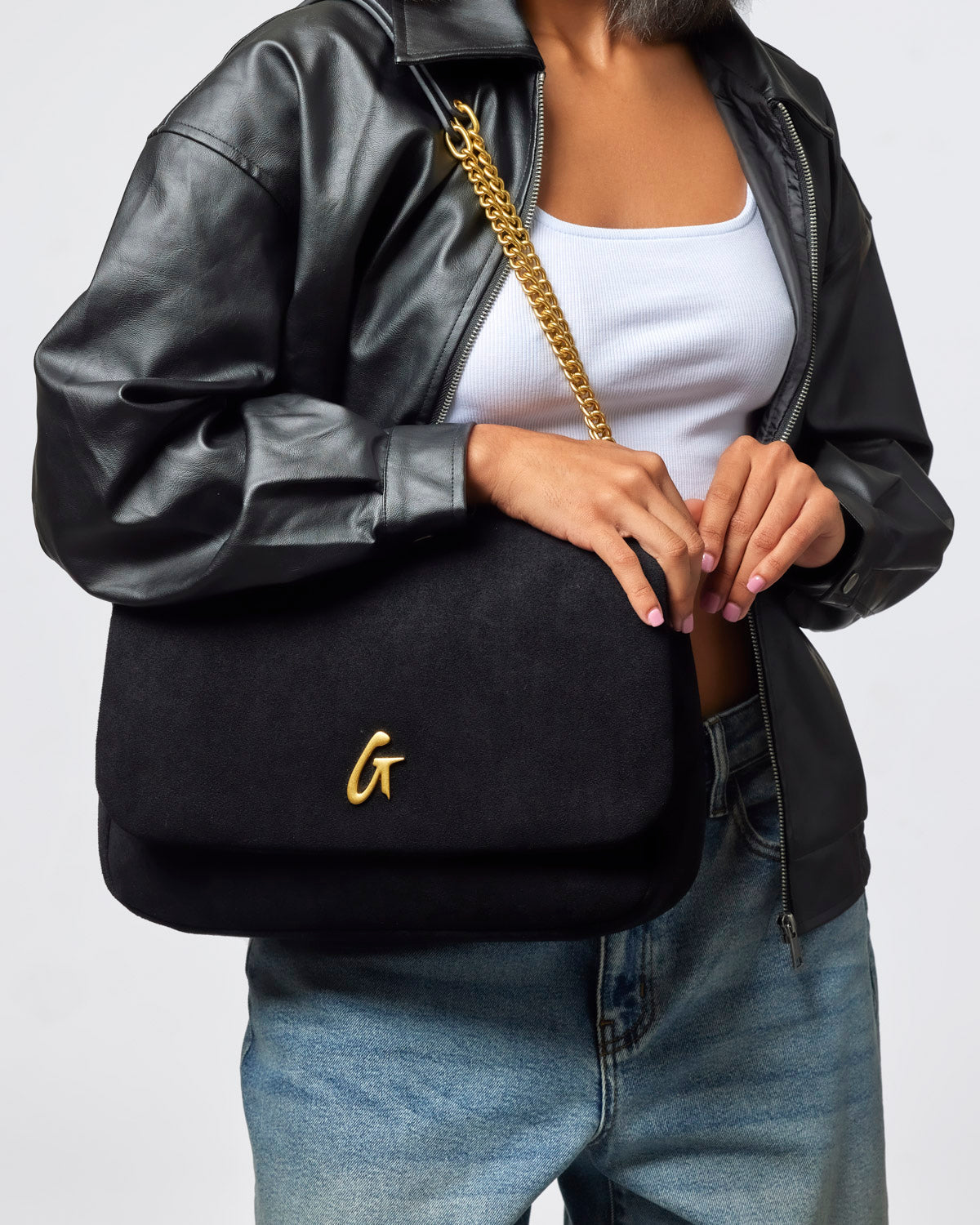 MEDIUM SUEDE FLAP BAG - BLACK